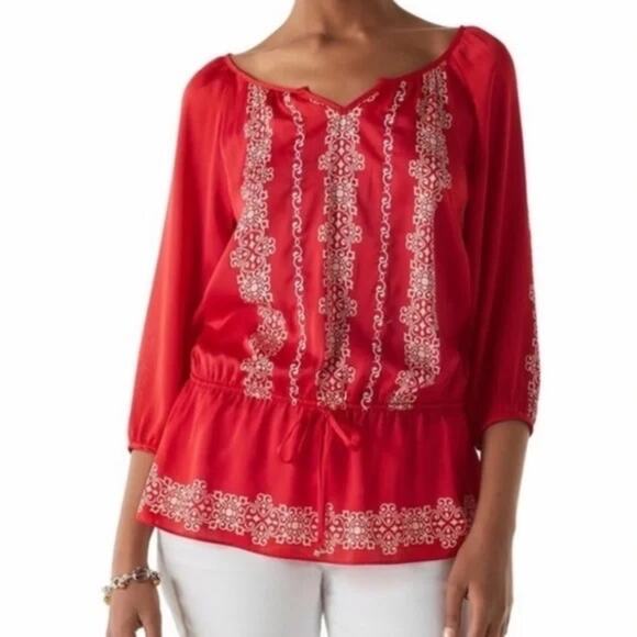 WHBM Red Embroidered Silky Peplum Blouse Size 8 - Picture 1 of 8